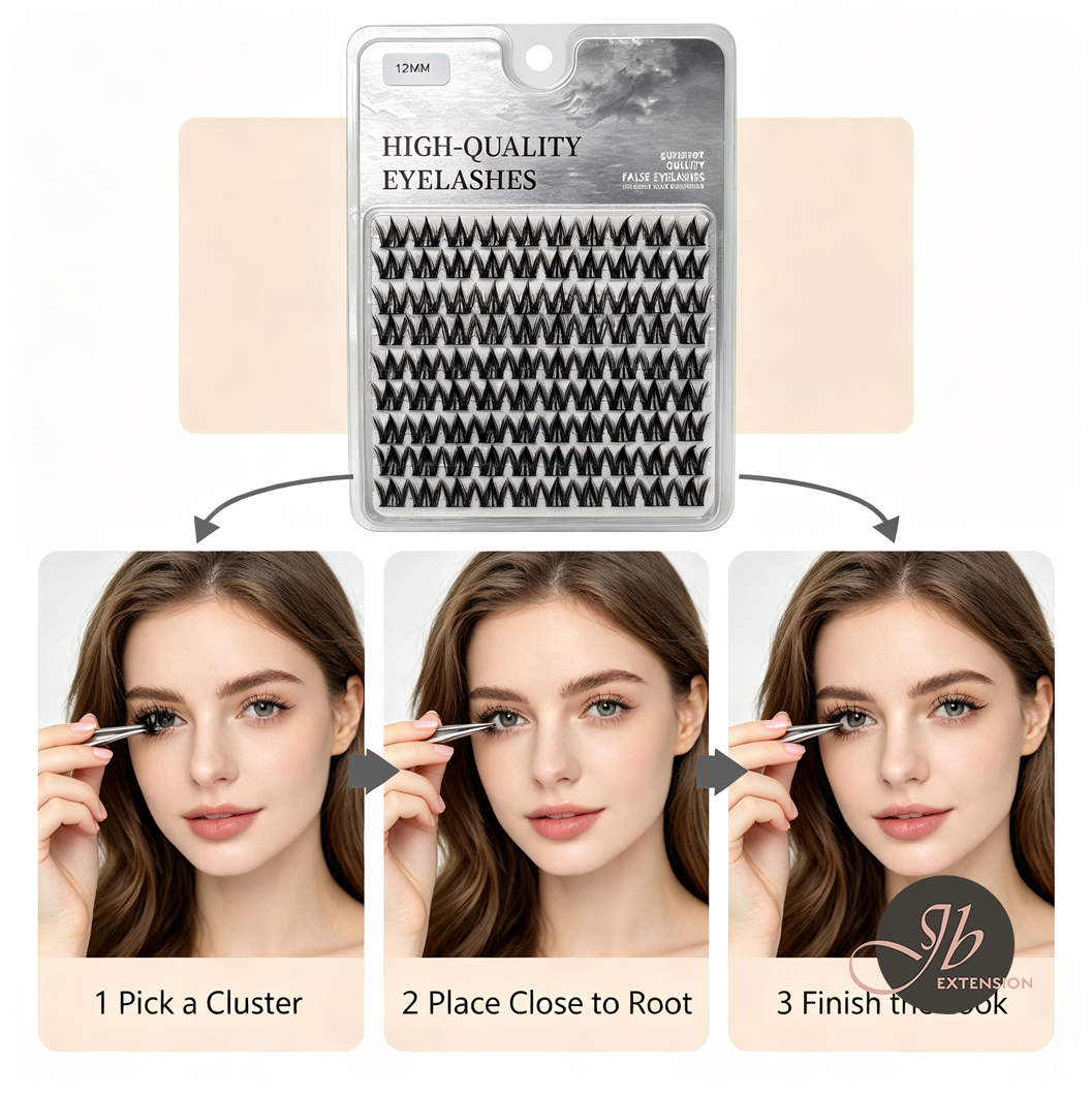 JBEXTENSION 100 Clusters 12MM DIY Segmented False Eyelashes, Fluffy Cat-Eye Individual Lashes, Natural Look Mixed Length Synthetic Eyelashes Extensions, Reusable Soft Cluster Lashes for Daily Party Wedding Makeup