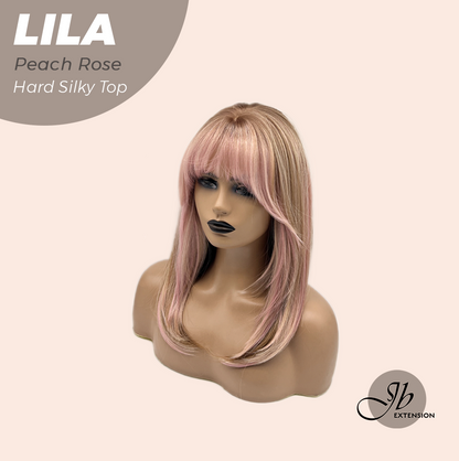 JBEXTENSION 20 Inches Scalpiana Peach Rose Wolf Cut 3.5X4 Hard Silky Top Natural Scalp Effect Wig with Bangs LILA PEACH ROSE