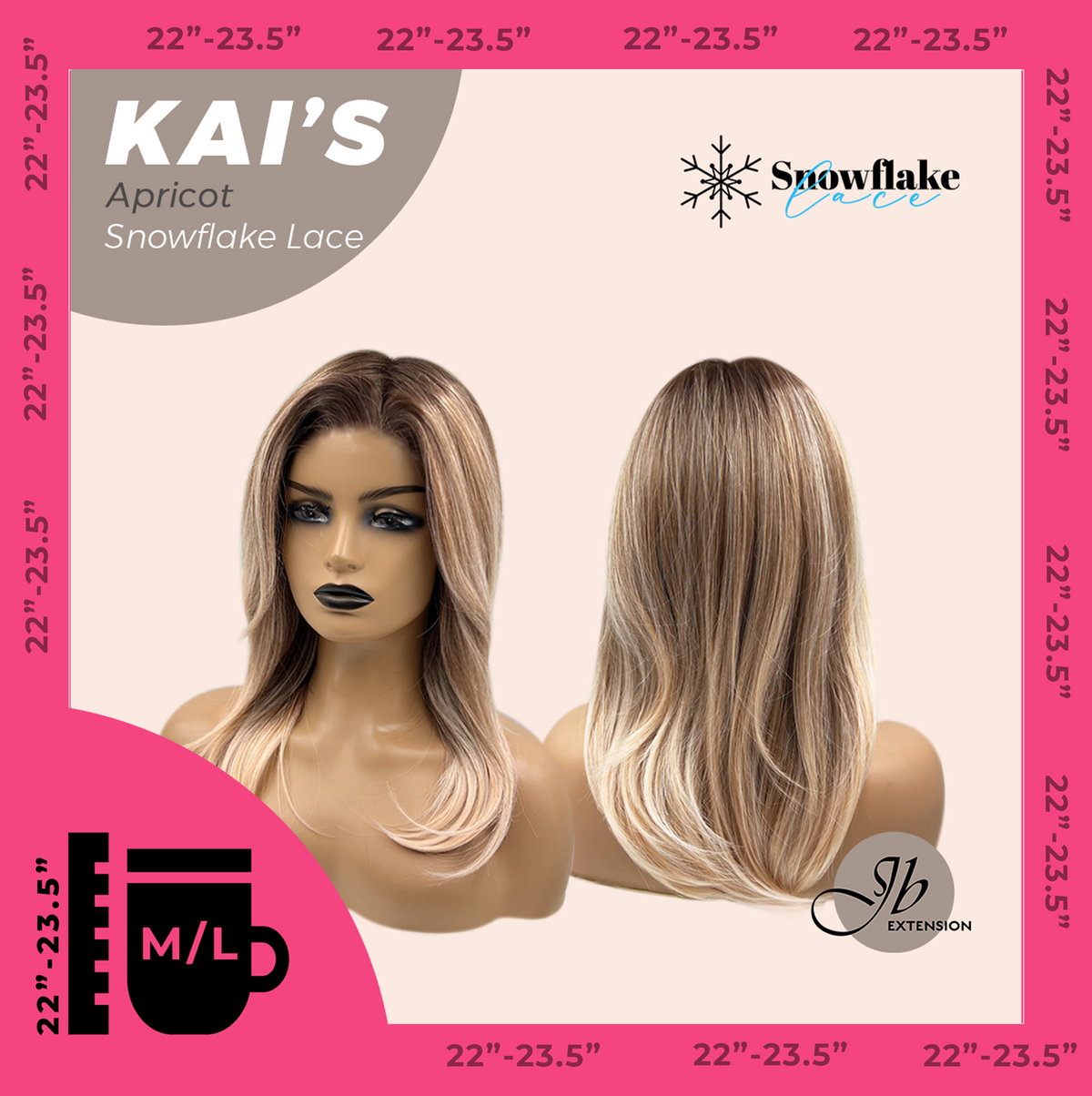 JBEXTENSION 18 Inches Apricot Pre-Cut Snowflake Lace Frontlace Glueless Wig KAI'S APRICOT【PERMATEASE】【BENDY EAR TABS】- M/L