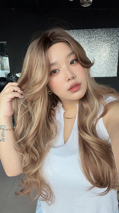 JBEXTENSION 28 Inches Long Curly Caramel Blonde Highlight Wig with Bangs ANNA CARAMEL BLONDE HIGHLIGHT