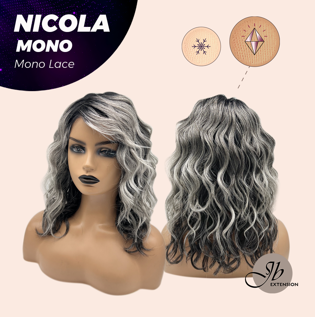 JBEXTENSION NICOLA MONO Monofilament Handmade Wig 6X5 Full Monofilament Hand Tied Top Wig 14 Inches Salt and Pepper Mono Lace Wig Glueless Black Sapphire Wig NICOLA MONO - BLACK SAPPHIRE【BENDY EAR TABS】