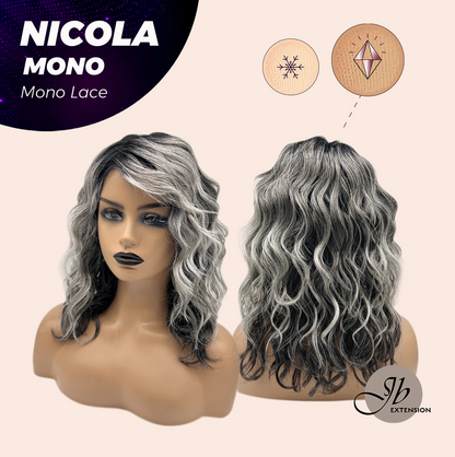 JBEXTENSION NICOLA MONO Monofilament Handmade Wig 6X5 Full Monofilament Hand Tied Top Wig 14 Inches Salt and Pepper Mono Lace Wig Glueless Black Sapphire Wig NICOLA MONO - BLACK SAPPHIRE【BENDY EAR TABS】