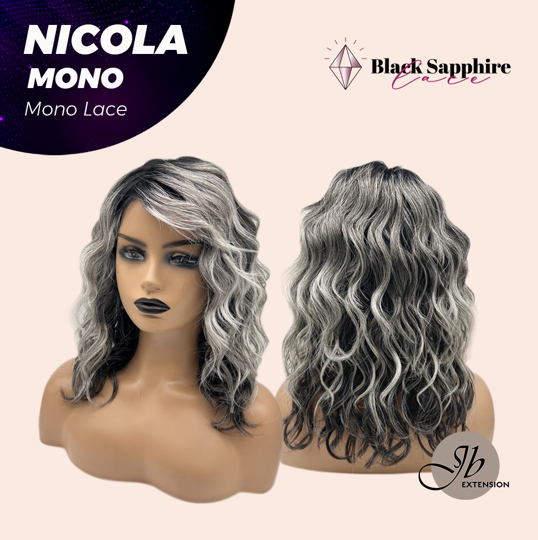 JBEXTENSION NICOLA MONO Monofilament Handmade Wig 6X5 Full Monofilament Hand Tied Top Wig 14 Inches Salt and Pepper Mono Lace Wig Glueless Black Sapphire Wig NICOLA MONO - BLACK SAPPHIRE【BENDY EAR TABS】