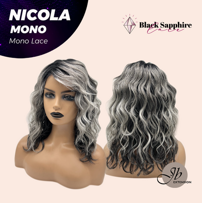JBEXTENSION NICOLA MONO Monofilament Handmade Wig 6X5 Full Monofilament Hand Tied Top Wig 14 Inches Salt and Pepper Mono Lace Wig Glueless Black Sapphire Wig NICOLA MONO - BLACK SAPPHIRE【BENDY EAR TABS】