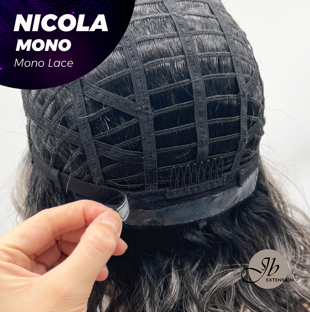 JBEXTENSION NICOLA MONO Monofilament Handmade Wig 6X5 Full Monofilament Hand Tied Top Wig 14 Inches Salt and Pepper Mono Lace Wig Glueless Black Sapphire Wig NICOLA MONO - BLACK SAPPHIRE【BENDY EAR TABS】