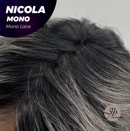JBEXTENSION NICOLA MONO Monofilament Handmade Wig 6X5 Full Monofilament Hand Tied Top Wig 14 Inches Salt and Pepper Mono Lace Wig Glueless Black Sapphire Wig NICOLA MONO - BLACK SAPPHIRE【BENDY EAR TABS】