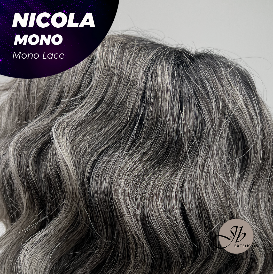 JBEXTENSION NICOLA MONO Monofilament Handmade Wig 6X5 Full Monofilament Hand Tied Top Wig 14 Inches Salt and Pepper Mono Lace Wig Glueless Black Sapphire Wig NICOLA MONO - BLACK SAPPHIRE【BENDY EAR TABS】