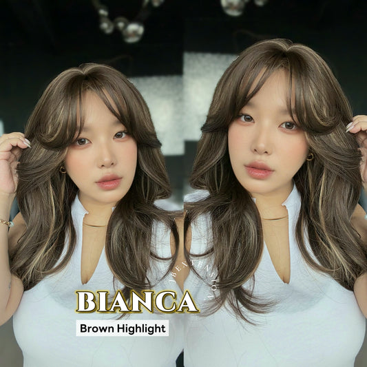 JBEXTENSION 20 Inches Curly Brown Highlight Wig with Bangs BIANCA BROWN HIGHLIGHT