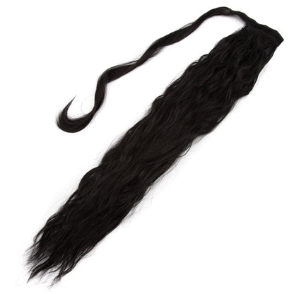 JBEXTENSION Long Corn Wave Ponytail Extension Magic Paste Heat Resistant Wavy Synthetic Wrap Around Ponytail Black Hairpiece for Women (22 Inch)