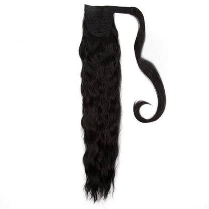 JBEXTENSION Long Corn Wave Ponytail Extension Magic Paste Heat Resistant Wavy Synthetic Wrap Around Ponytail Black Hairpiece for Women (22 Inch)