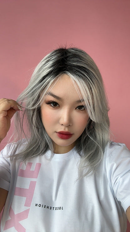 [FINAL SALE] JBEXTENSION 14 Inches Grey Silver with Dark Root Women Fashion Full Machine Wig CAMILLIE【PLUS PERMATEASE】【BENDY EAR TABS】