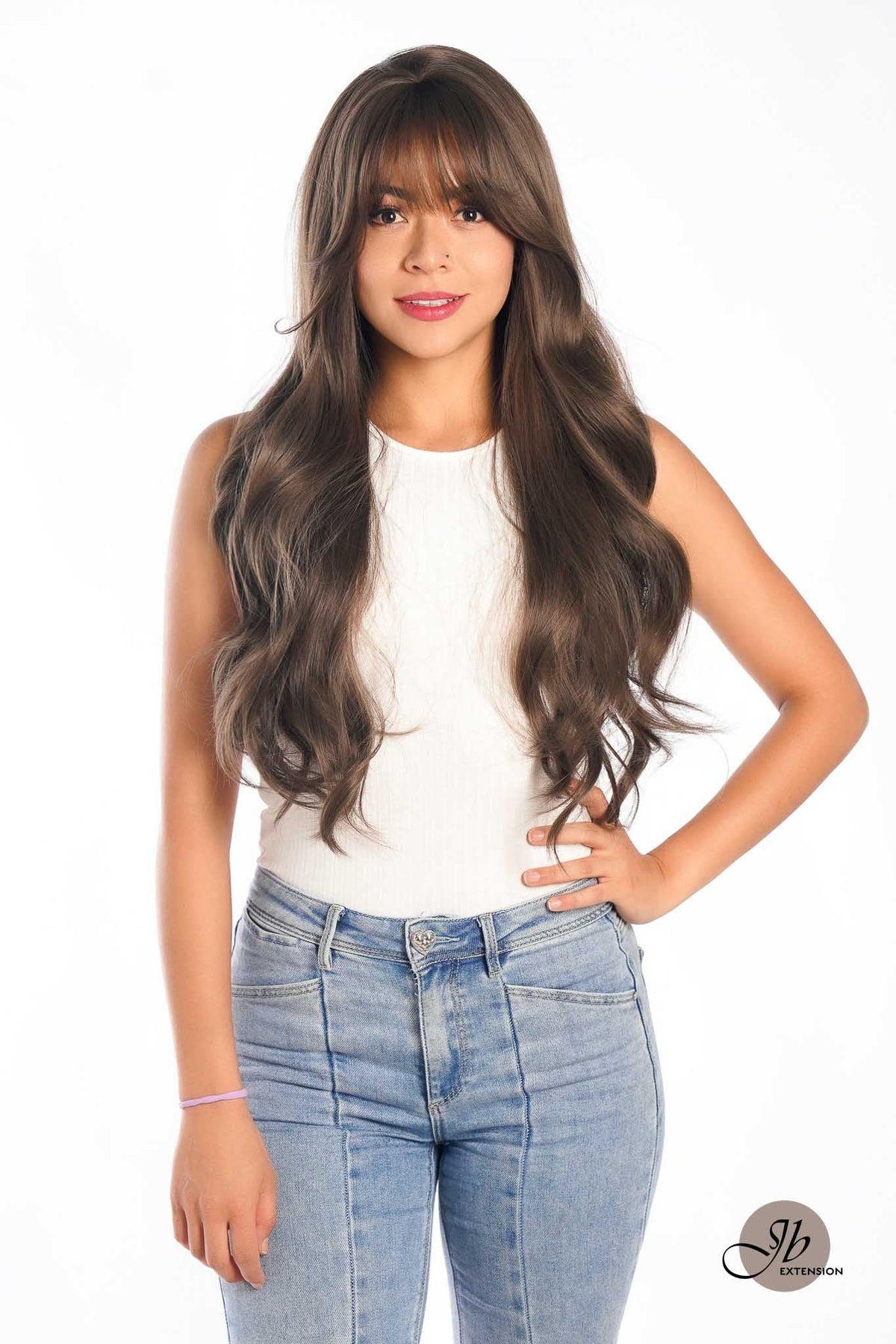 JBEXTENSION 26 Inches Scalpiana Brown Curly 3.5X4 Hard Silky Top Natural Scalp Effect Wig With Bangs BONITA