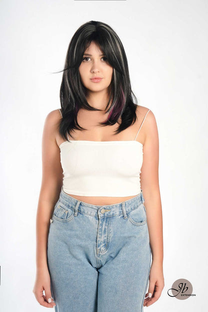 JBEXTENSION 20 Inches Wolf Cut Black With Pink Silver Highlight Wig JOEY