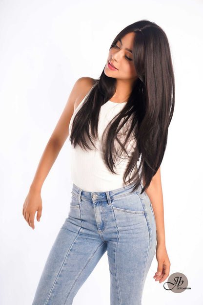 JBEXTENSION 26 Inches Tea Black Darkest Brown Wolf Cut Wig With Bangs ELLIE