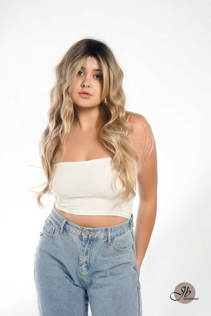 Get the Influencer Look with JBEXTENSION 26 Inches Mix Blonde With Dark Root Body Wave With Bangs MANDA