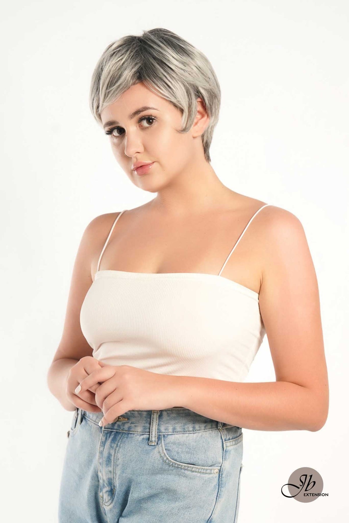 JBEXTENSION Pixie Cut Silver Half Real Human Hair Half Futura Fiber Fashion Women Wig SPRING