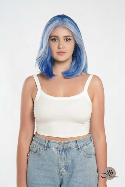 [FINAL SALE] JBEXTENSION 12 Inches Bob Cut Blue With White Highlight Free Part Pre-Cut Frontlace Glueless Wig DOLPHIN