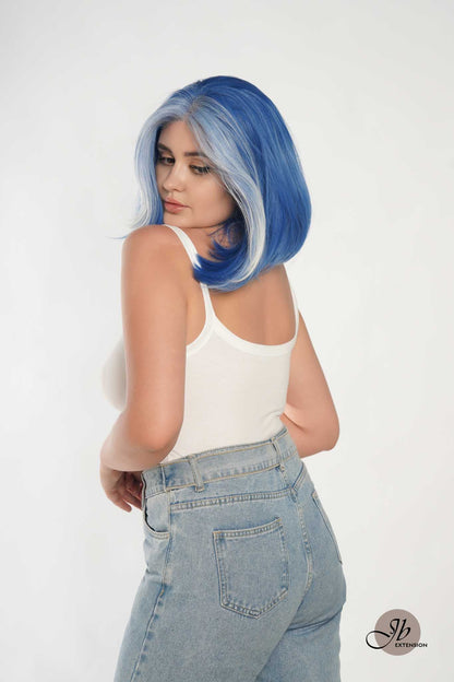 [FINAL SALE] JBEXTENSION 12 Inches Bob Cut Blue With White Highlight Free Part Pre-Cut Frontlace Glueless Wig DOLPHIN