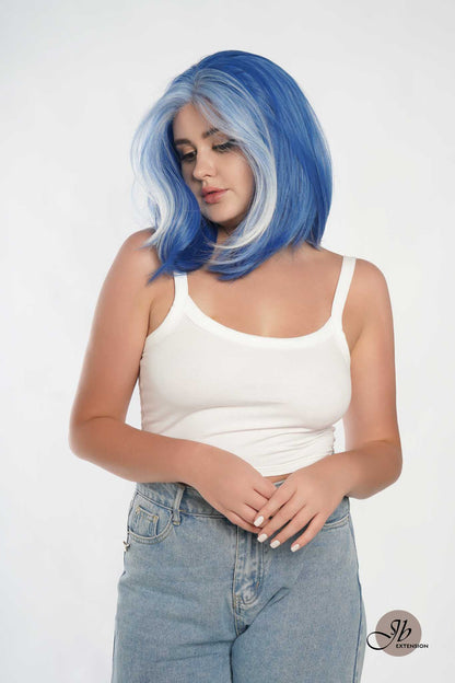 [FINAL SALE] JBEXTENSION 12 Inches Bob Cut Blue With White Highlight Free Part Pre-Cut Frontlace Glueless Wig DOLPHIN