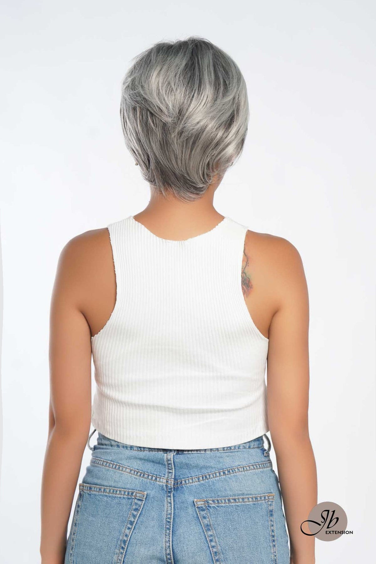 JBEXTENSION Pixie Cut Silver Half Real Human Hair Half Futura Fiber Fashion Women Wig WINTOUR