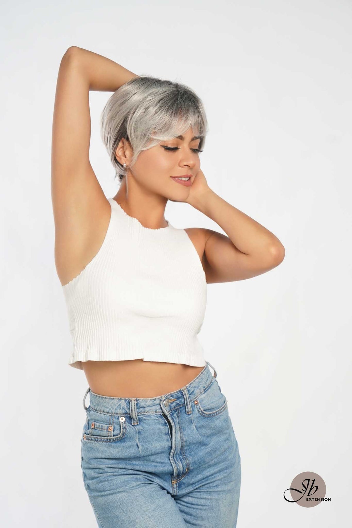 JBEXTENSION Pixie Cut Silver Half Real Human Hair Half Futura Fiber Fashion Women Wig WINTOUR