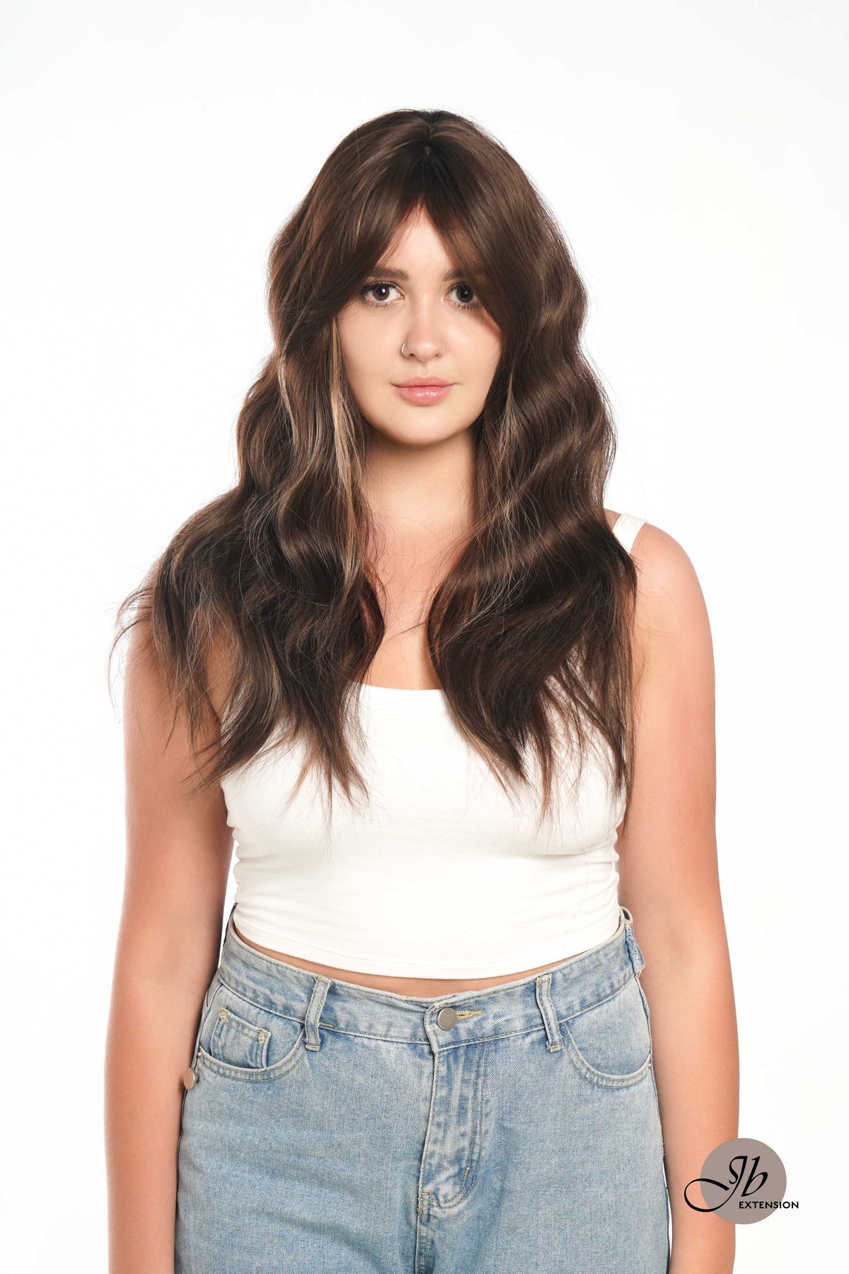 JBEXTENSION 24 Inches Brown With Highlight Body Wave With Bangs Wig KIMMY BROWN