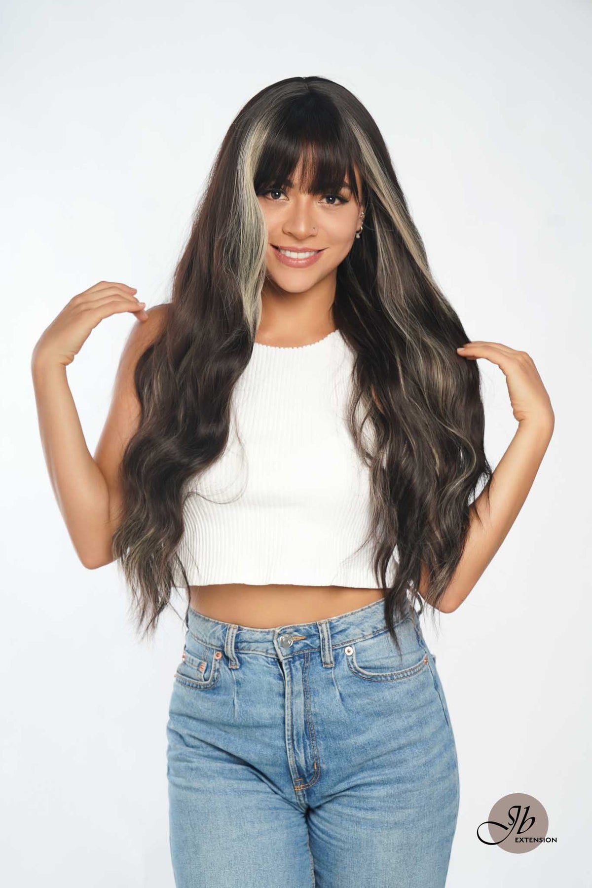 [FINAL SALE] JBEXTENSION 26 Inches Body Wave Natural Black With Blonde Highlight Hair With Full Bangs Wig KHLOE