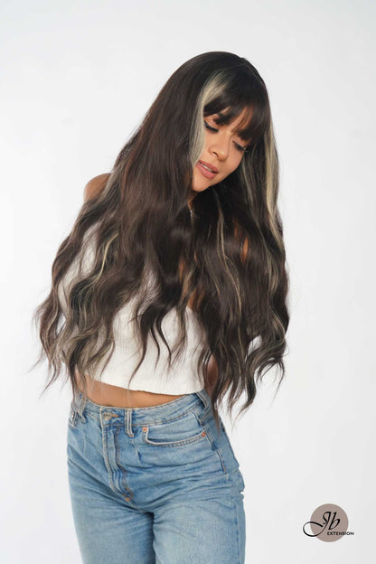 [FINAL SALE] JBEXTENSION 26 Inches Body Wave Natural Black With Blonde Highlight Hair With Full Bangs Wig KHLOE