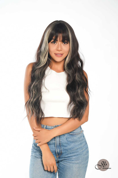 [FINAL SALE] JBEXTENSION 26 Inches Body Wave Natural Black With Blonde Highlight Hair With Full Bangs Wig KHLOE