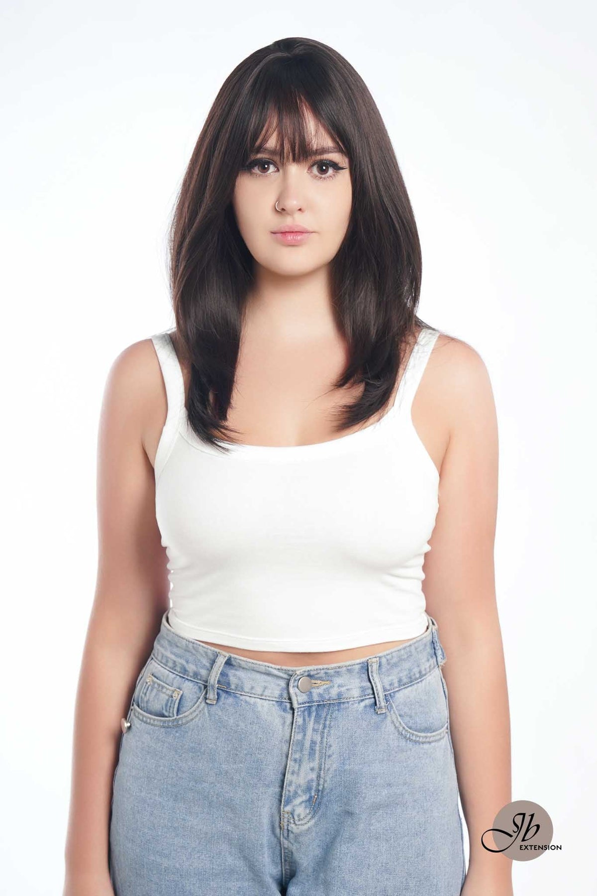 JBEXTENSION 20 Inches Scalpiana Tea Black Darkest Brown Wolf Cut 3.5X4 Hard Silky Top Natural Scalp Effect Wig With Bangs LILA TEA BLACK