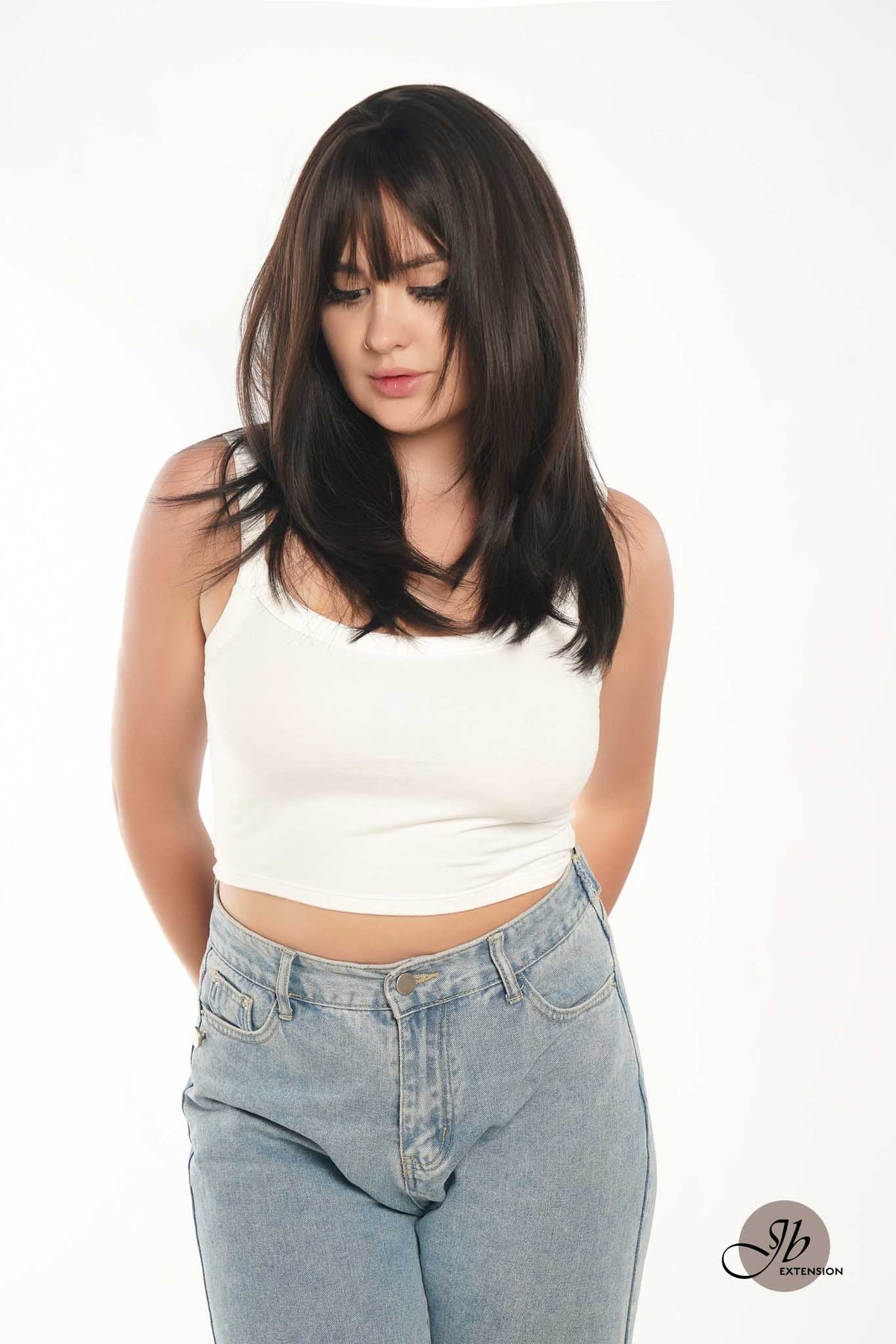 JBEXTENSION 20 Inches Scalpiana Tea Black Darkest Brown Wolf Cut 3.5X4 Hard Silky Top Natural Scalp Effect Wig With Bangs LILA TEA BLACK