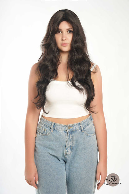 JBEXTENSION 24 Inches Tea Black Darkest Brown Body Wave Wig With Cute Bangs NINI TEA BLACK