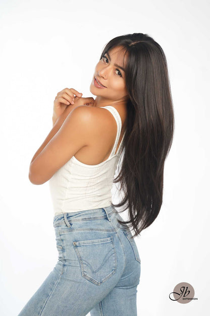 Nichole's Selection - 26 Inches Scalpiana Tea Black Darkest Brown Wolf Cut 3.5X4 Hard Silky Top Natural Scalp Effect Wig With Bangs ELLIE SILK TOP