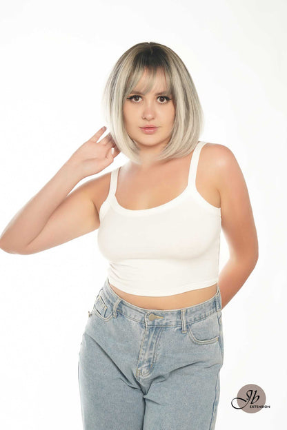 JBEXTENSION 12 Inches Bob Cut Grey Wig With Bangs YUMIKO