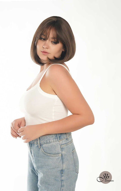 JBEXTENSION 10 Inches Bob Cut Cold Brown Wig With Bangs JOAN