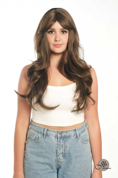 JBEXTENSION 25 Inches Brown Curly Wig With Full Bangs KRISTINA BROWN