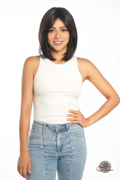JBEXTENSION 12 Inches Bob Cut Soft Black Short Hair With Bangs Zig Zag Part Wig DORA BROWN