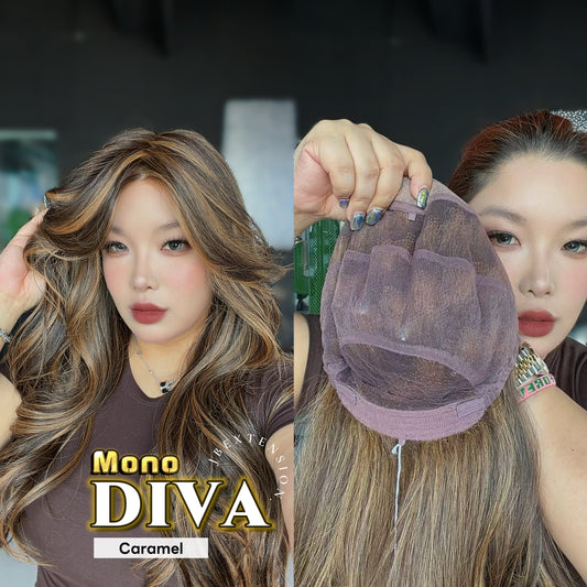 [PRE-ORDER] JBEXTENSION DIVA MONO Full Monofilament Handmade Full Lace Full Hand Tied Wig 24 Inches Long Curly Caramel Mono Lace Handmade Futura Fiber Wig with Anti-slip Silicone Strips Glueless Wig DIVA MONO - CARAMEL【BENDY EAR TABS】