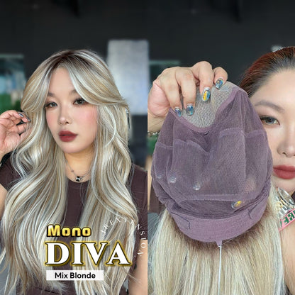 [PRE-ORDER] JBEXTENSION DIVA MONO Full Monofilament Handmade Full Lace Full Hand Tied Wig 24 Inches Long Curly Mix Blonde Mono Lace Handmade Futura Fiber Wig with Anti-slip Silicone Strips Glueless Wig DIVA MONO - MIX BLONDE【BENDY EAR TABS】