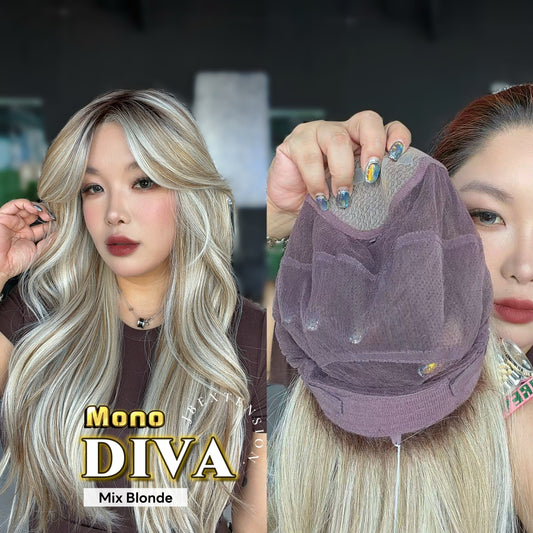 [PRE-ORDER] JBEXTENSION DIVA MONO Full Monofilament Handmade Full Lace Full Hand Tied Wig 24 Inches Long Curly Mix Blonde Mono Lace Handmade Futura Fiber Wig with Anti-slip Silicone Strips Glueless Wig DIVA MONO - MIX BLONDE【BENDY EAR TABS】