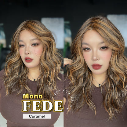 JBEXTENSION FEDE MONO Full Monofilament Handmade Full Lace Full Hand Tied Wig 19 Inches Wave Caramel Mono Lace Handmade Futura Fiber Wig with Anti-slip Silicone Strips Glueless Wig FEDE MONO - CARAMEL【BENDY EAR TABS】