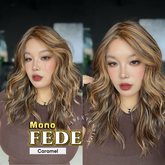 JBEXTENSION FEDE MONO Full Monofilament Handmade Full Lace Full Hand Tied Wig 19 Inches Wave Caramel Mono Lace Handmade Futura Fiber Wig with Anti-slip Silicone Strips Glueless Wig FEDE MONO - CARAMEL【BENDY EAR TABS】