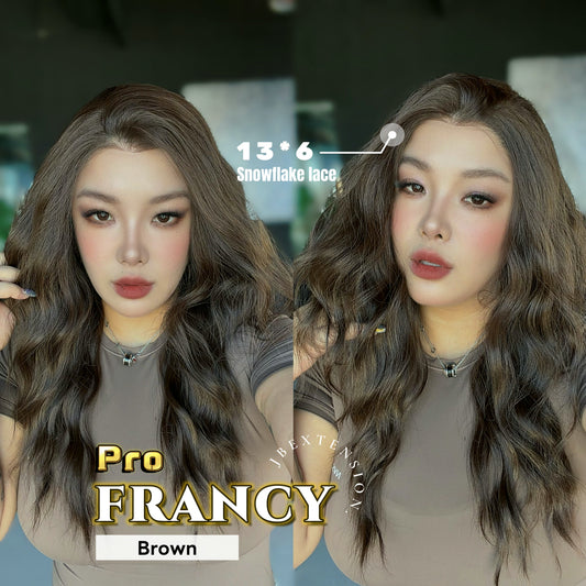 JBEXTENSION 24 Inches Long Wave Brown Pre-Cut 13X6 Free Part Snowflake Lace Frontlace Glueless Wig FRANCY PRO - BROWN【BENDY EAR TABS】