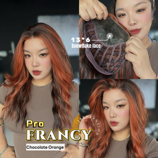 JBEXTENSION 24 Inches Long Wave Chocolate Orange Pre-Cut 13X6 Free Part Snowflake Lace Frontlace Glueless Wig FRANCY PRO - CHOCOLATE ORANGE【BENDY EAR TABS】