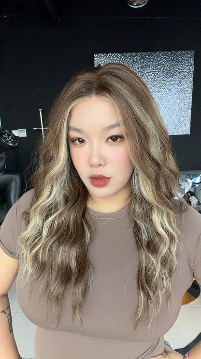 JBEXTENSION 24 Inches Long Wave Hazelnut Pre-Cut 13X6 Free Part Snowflake Lace Frontlace Glueless Wig FRANCY PRO - HAZELNUT【BENDY EAR TABS】