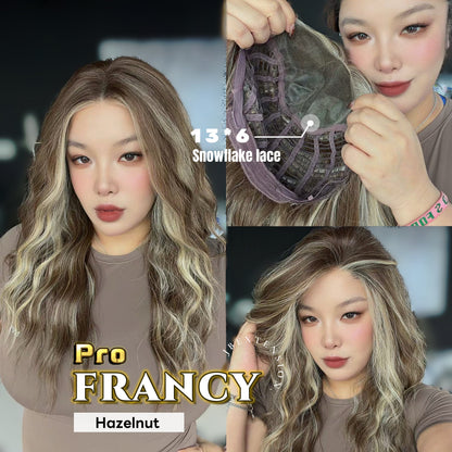 JBEXTENSION 24 Inches Long Wave Hazelnut Pre-Cut 13X6 Free Part Snowflake Lace Frontlace Glueless Wig FRANCY PRO - HAZELNUT【BENDY EAR TABS】