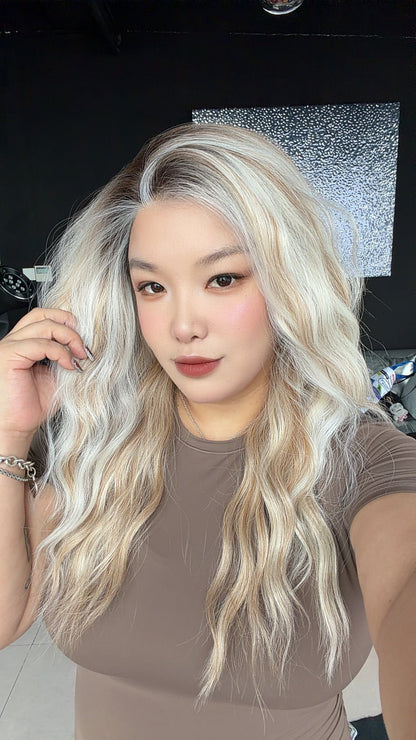 JBEXTENSION 24 Inches Long Wave Mix Blonde Pre-Cut 13X6 Free Part Snowflake Lace Frontlace Glueless Wig FRANCY PRO - MIX BLONDE【BENDY EAR TABS】