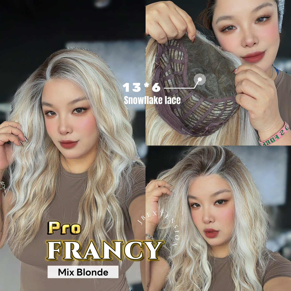 JBEXTENSION 24 Inches Long Wave Mix Blonde Pre-Cut 13X6 Free Part Snowflake Lace Frontlace Glueless Wig FRANCY PRO - MIX BLONDE【BENDY EAR TABS】