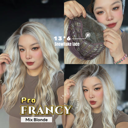 JBEXTENSION 24 Inches Long Wave Mix Blonde Pre-Cut 13X6 Free Part Snowflake Lace Frontlace Glueless Wig FRANCY PRO - MIX BLONDE【BENDY EAR TABS】