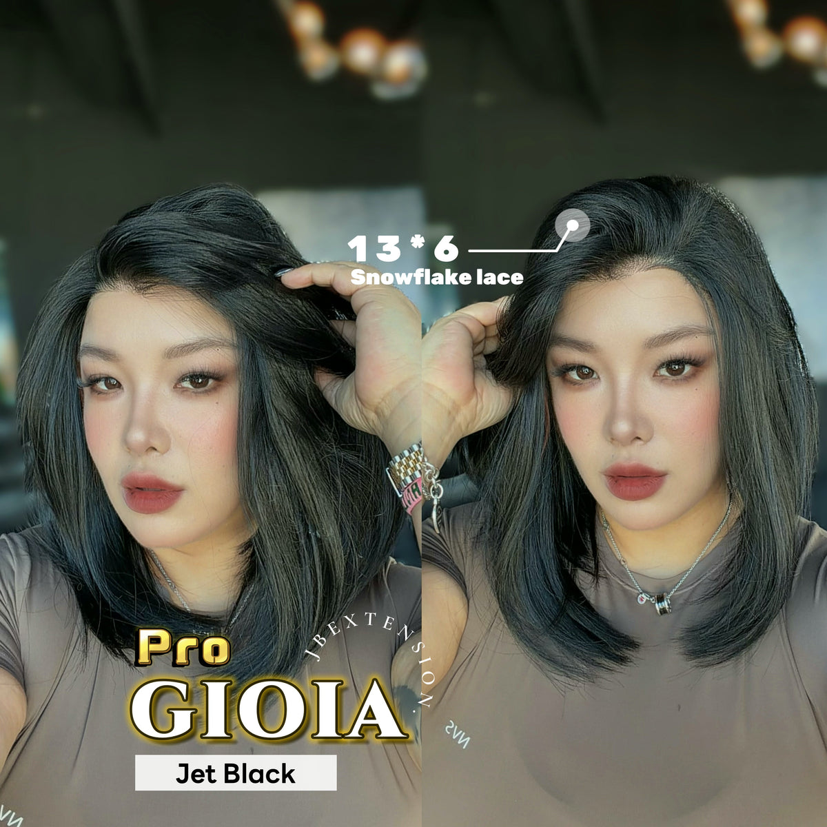 JBEXTENSION 14 Inches Jet Black Pre-Cut 13X6 Free Part Snowflake Lace Frontlace Bob Cut Glueless Wig GIOIA PRO - JET BLACK【BENDY EAR TABS】
